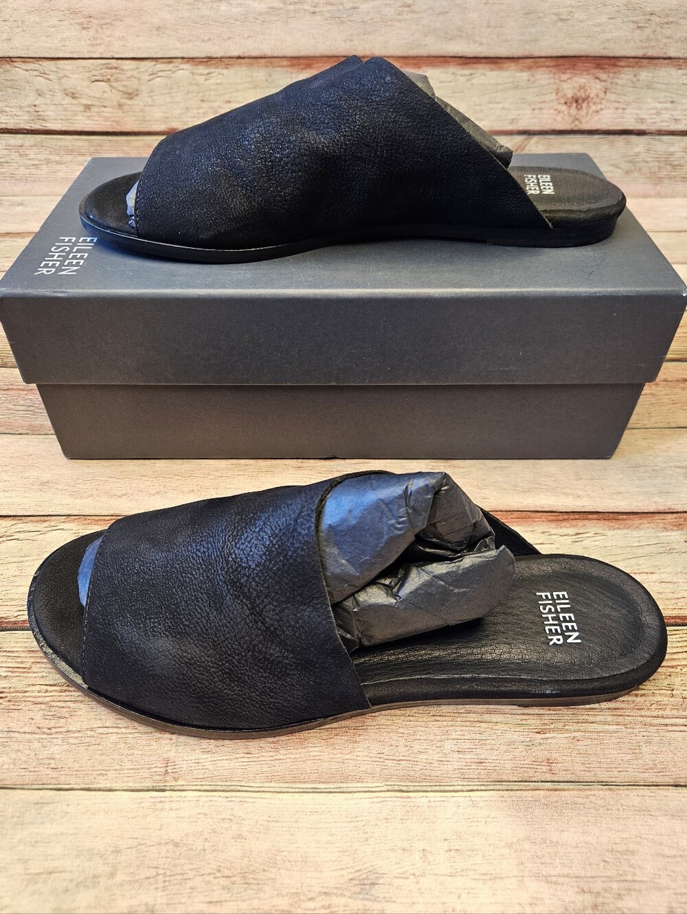 Eileen Fisher tumbled leather open-toe mules. Size 9